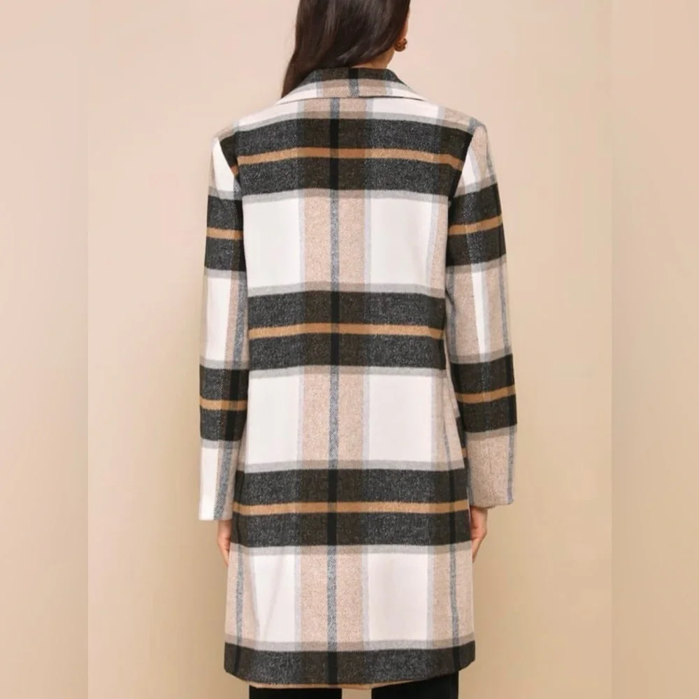 Steve Madden Cher Ivory Plaid Brushed Coat Wool Blend size S NWOT